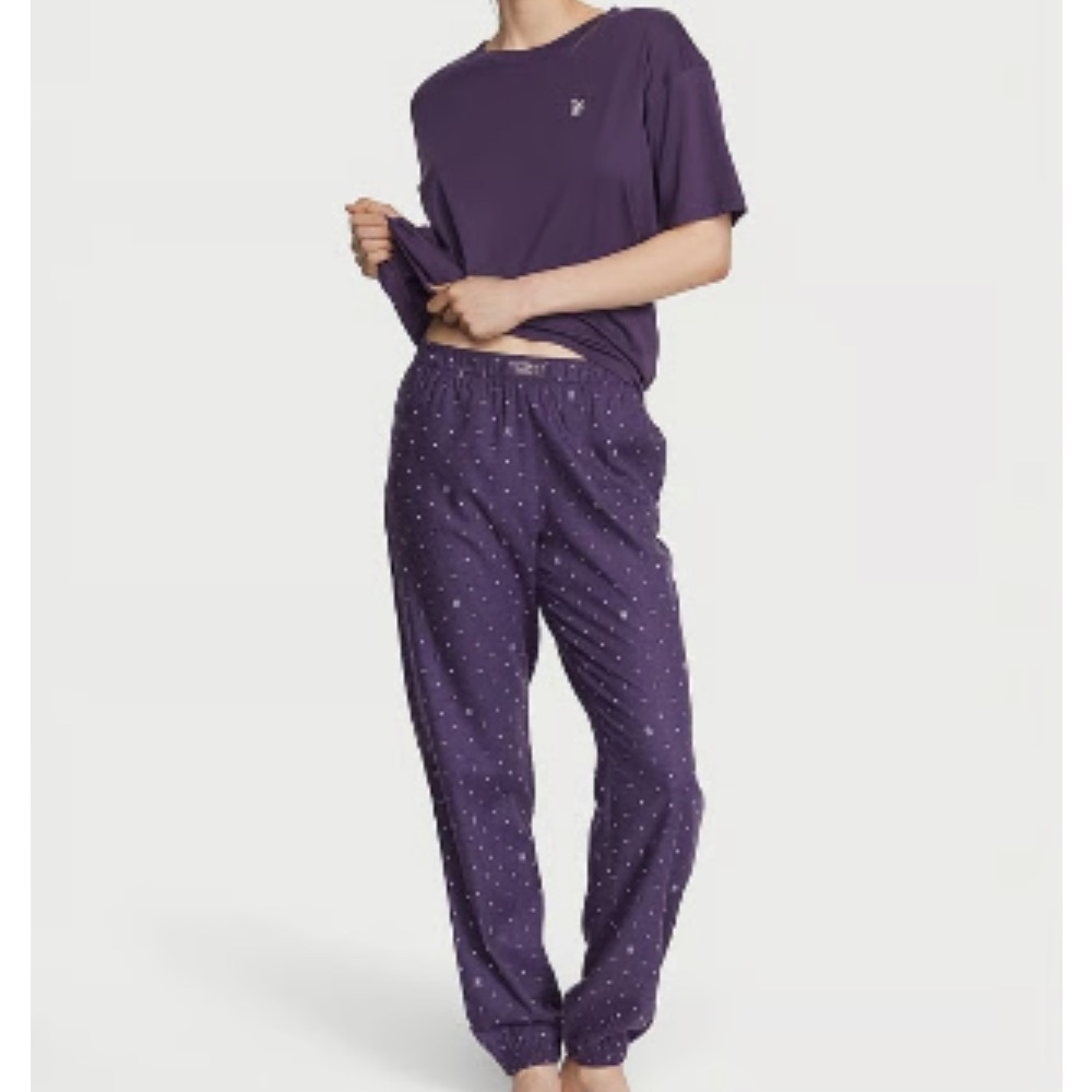 Victoria's Secret women’s Flannel Jogger Tee-Jama Set purple/VS LOGO Size Small